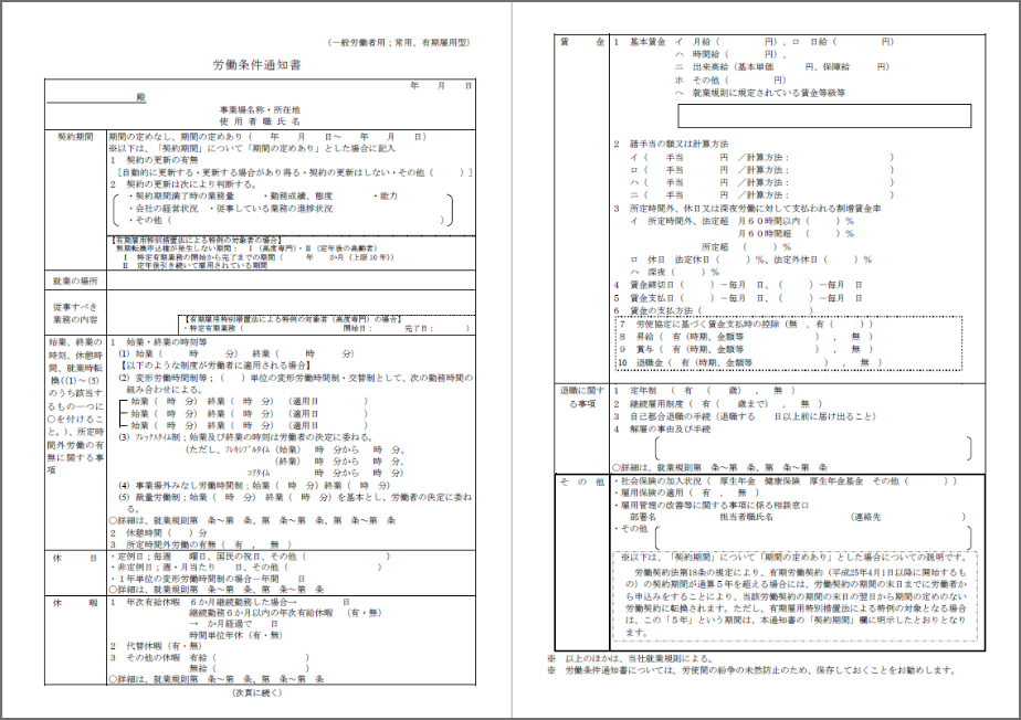 労働条件通知書のテンプレート例